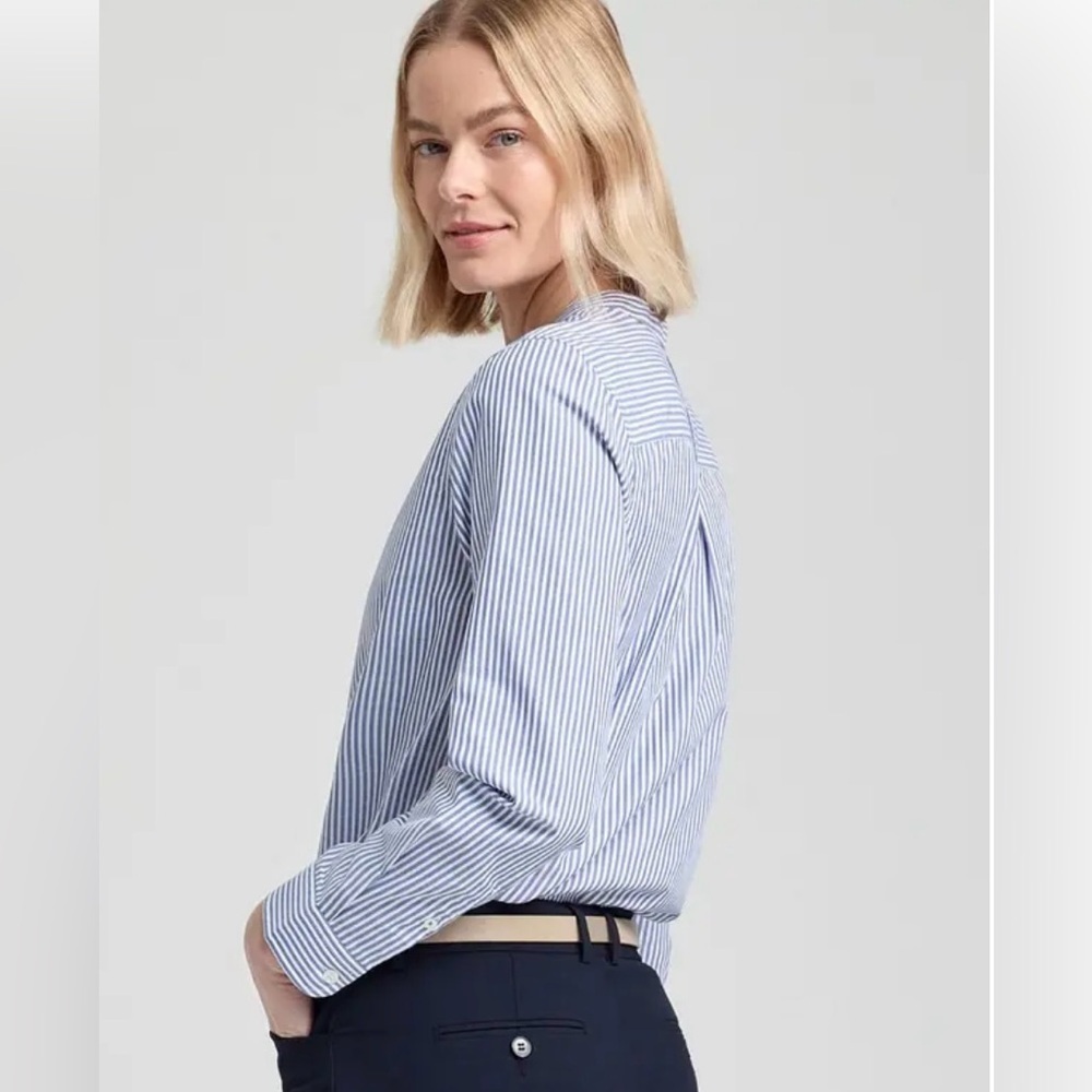 Cargo Crew Women  Will Collarless Blue & White Striped Button Down Shirt Size 12 - Picture 12 of 12